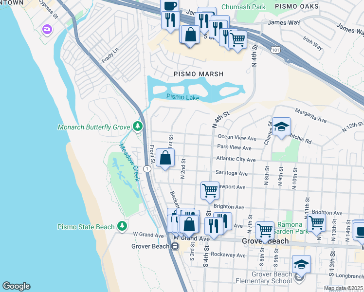 map of restaurants, bars, coffee shops, grocery stores, and more near 176 Park View Avenue in Grover Beach