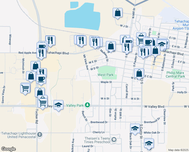 map of restaurants, bars, coffee shops, grocery stores, and more near 413 Oakwood Court in Tehachapi