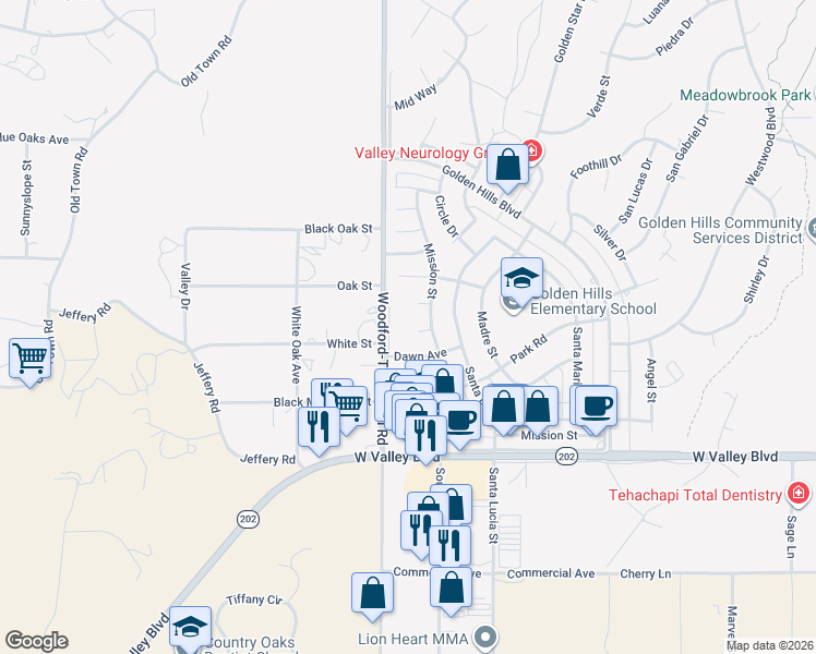 map of restaurants, bars, coffee shops, grocery stores, and more near 20421 Steeple Court in Tehachapi