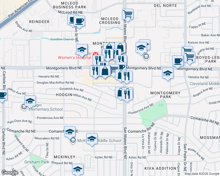map of restaurants, bars, coffee shops, grocery stores, and more near 4809 Sun Cove Road Northeast in Albuquerque