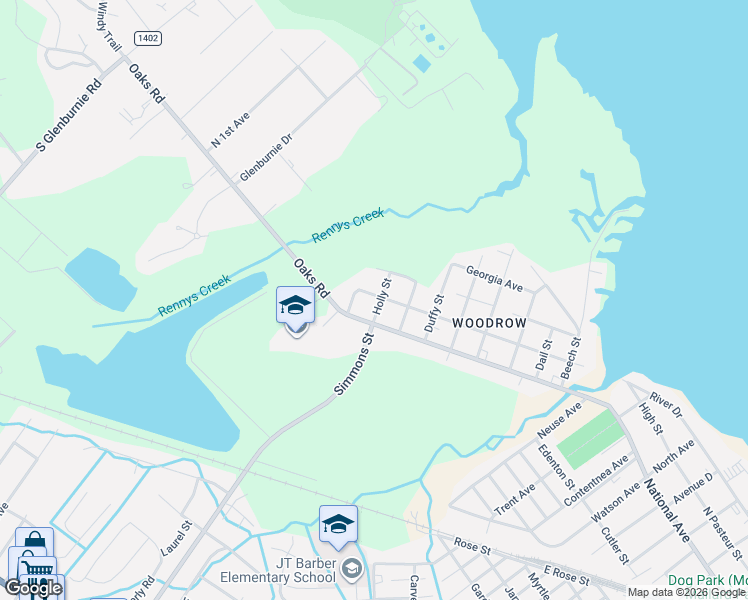 map of restaurants, bars, coffee shops, grocery stores, and more near 106 Holly Street in New Bern