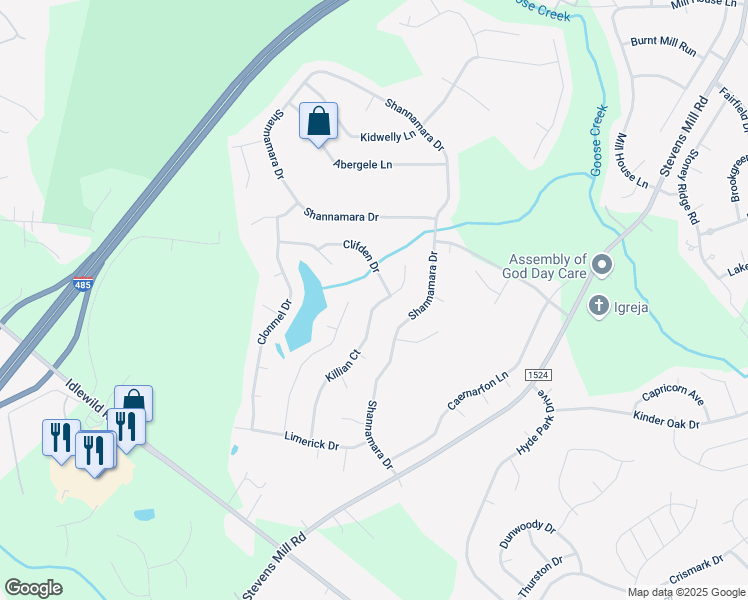 map of restaurants, bars, coffee shops, grocery stores, and more near 705 Clifden Drive in Matthews