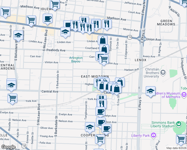 map of restaurants, bars, coffee shops, grocery stores, and more near 2076 Cowden Avenue in Memphis