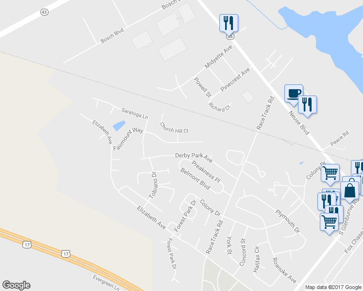 map of restaurants, bars, coffee shops, grocery stores, and more near 302 Fairmount Way in New Bern