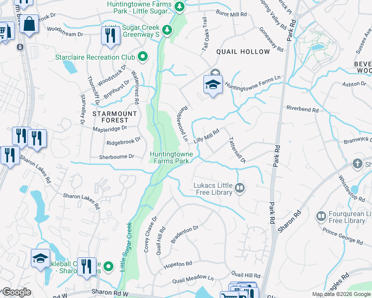 map of restaurants, bars, coffee shops, grocery stores, and more near 2225 Ramblewood Lane in Charlotte