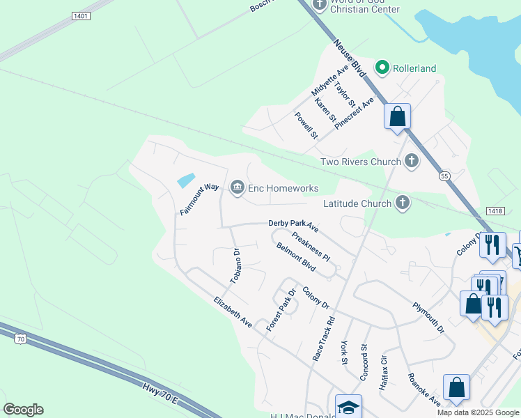 map of restaurants, bars, coffee shops, grocery stores, and more near 216 Fairmount Way in New Bern