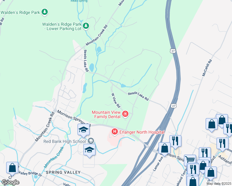 map of restaurants, bars, coffee shops, grocery stores, and more near 649 West View Road in Chattanooga