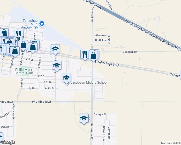 map of restaurants, bars, coffee shops, grocery stores, and more near 33 Dennison Road in Tehachapi