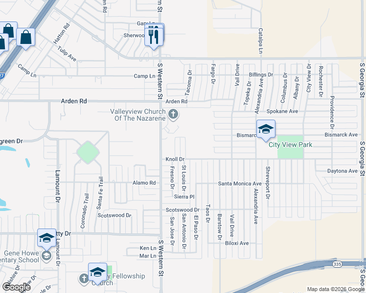map of restaurants, bars, coffee shops, grocery stores, and more near 4138 Knoll Dr in Amarillo