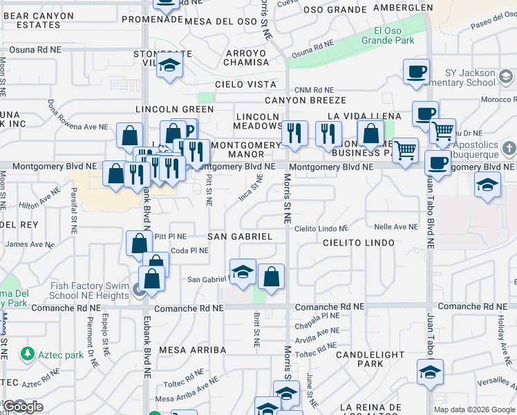 map of restaurants, bars, coffee shops, grocery stores, and more near 10235 Karen Avenue Northeast in Albuquerque