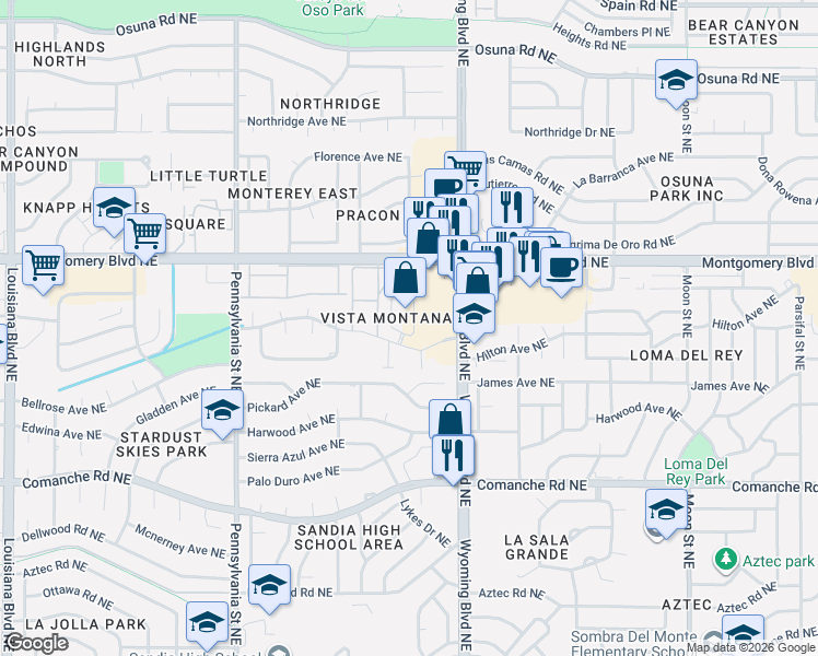 map of restaurants, bars, coffee shops, grocery stores, and more near 4301 Wyoming Boulevard Northeast in Albuquerque
