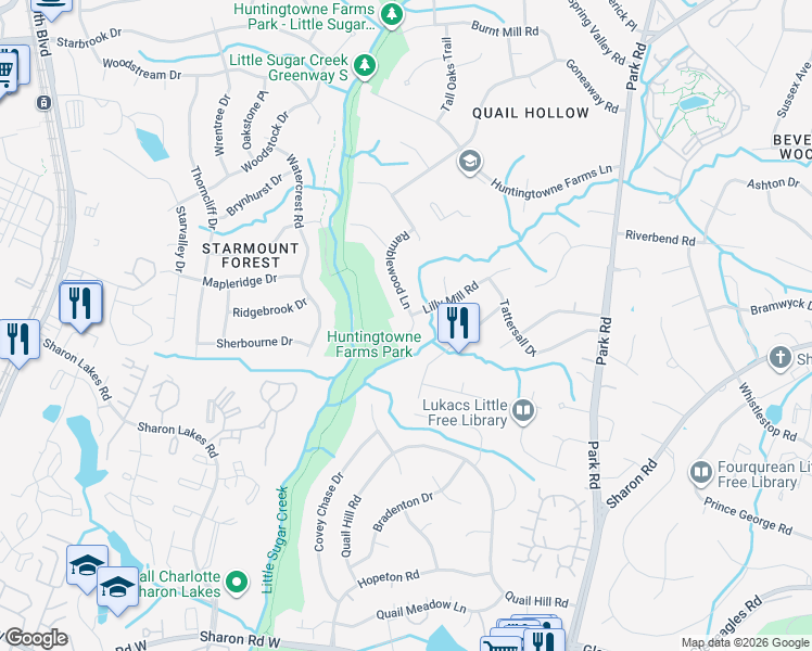 map of restaurants, bars, coffee shops, grocery stores, and more near 2225 Ramblewood Lane in Charlotte