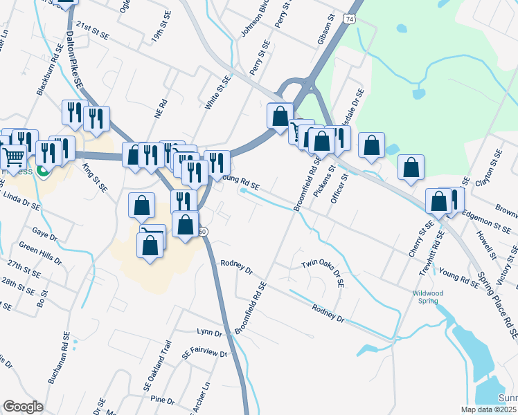 map of restaurants, bars, coffee shops, grocery stores, and more near 1808 Young Road Southeast in Cleveland
