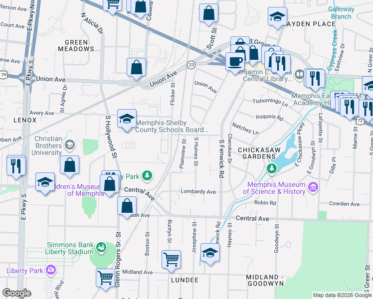 map of restaurants, bars, coffee shops, grocery stores, and more near 132 Plainview Street in Memphis