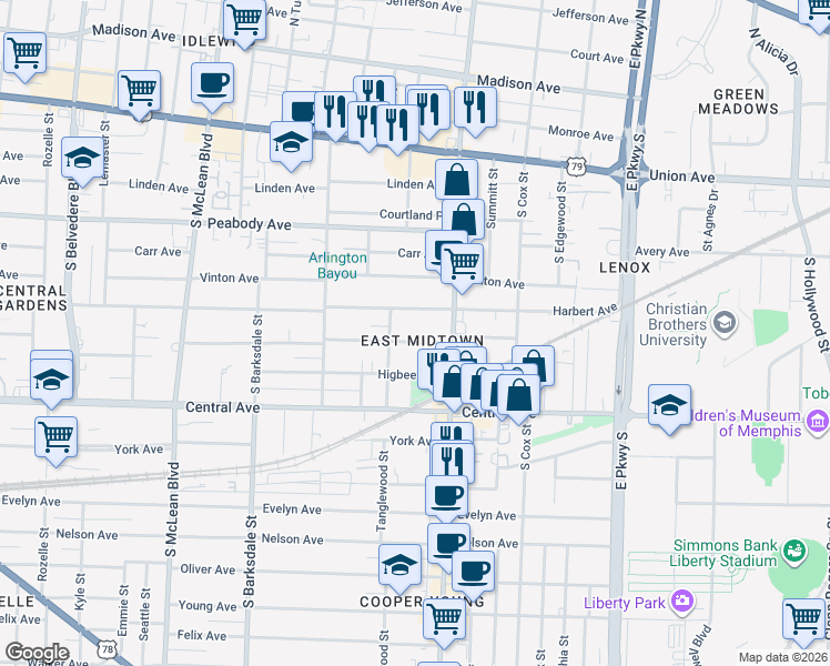 map of restaurants, bars, coffee shops, grocery stores, and more near 2076 Cowden Avenue in Memphis