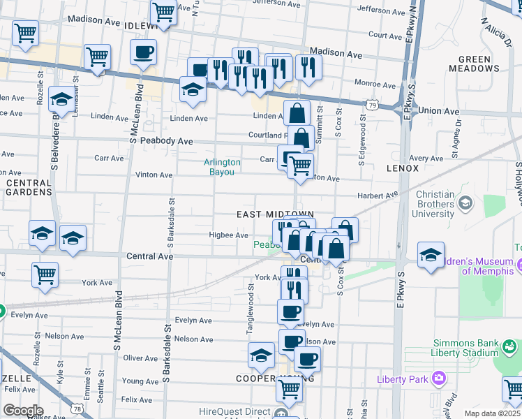 map of restaurants, bars, coffee shops, grocery stores, and more near 2076 Cowden Avenue in Memphis