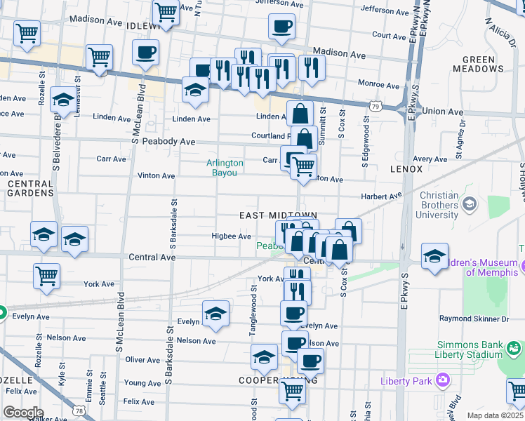 map of restaurants, bars, coffee shops, grocery stores, and more near 2076 Cowden Avenue in Memphis