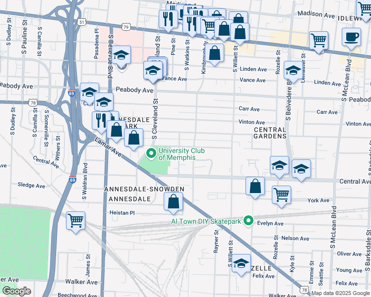 map of restaurants, bars, coffee shops, grocery stores, and more near 1409 Goodbar Avenue in Memphis