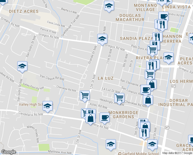 map of restaurants, bars, coffee shops, grocery stores, and more near 4310 12th Street Northwest in Albuquerque