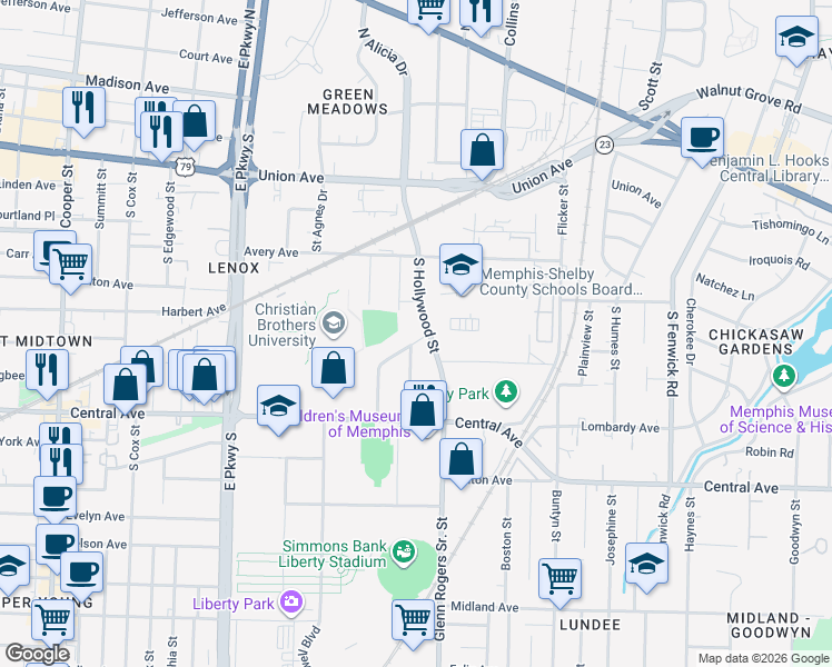 map of restaurants, bars, coffee shops, grocery stores, and more near 2532 North Edwin Circle in Memphis