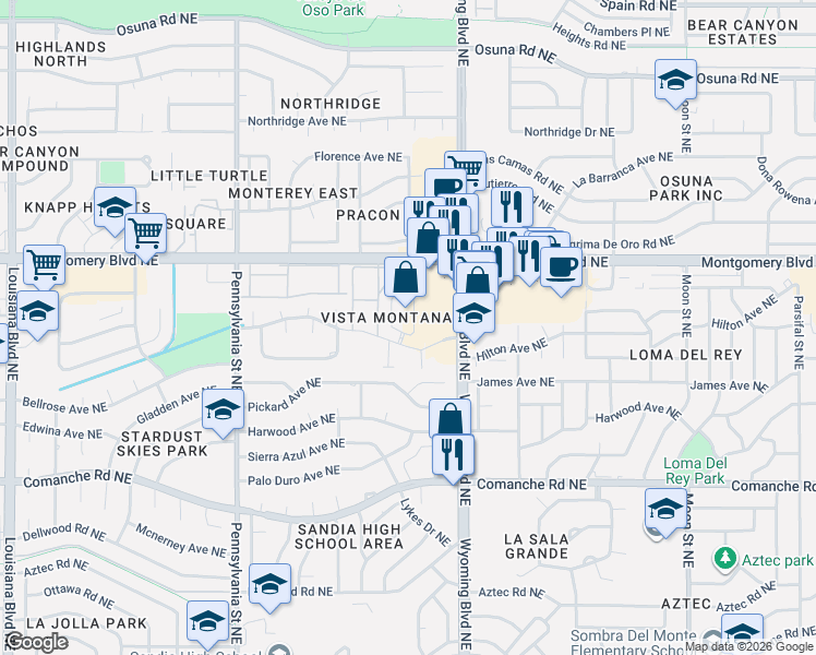 map of restaurants, bars, coffee shops, grocery stores, and more near 4301 Wyoming Boulevard Northeast in Albuquerque
