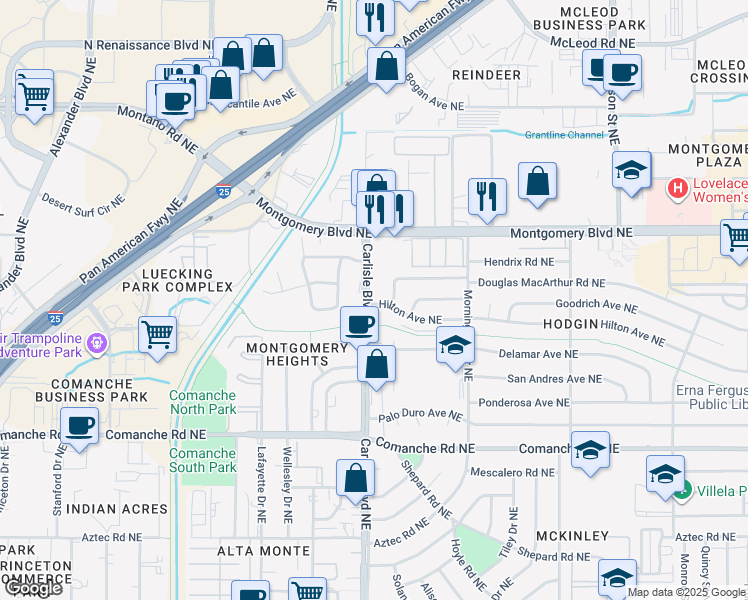 map of restaurants, bars, coffee shops, grocery stores, and more near 4202 Carlisle Boulevard Northeast in Albuquerque