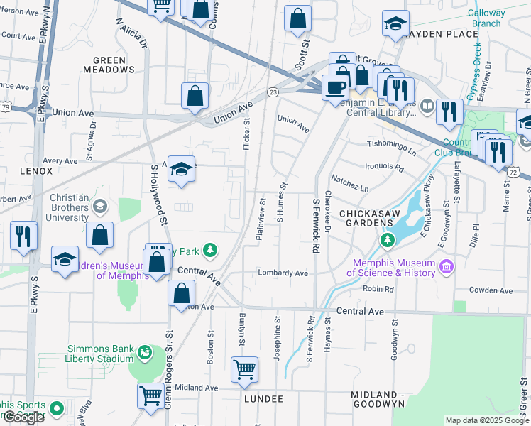 map of restaurants, bars, coffee shops, grocery stores, and more near 132 Plainview Street in Memphis