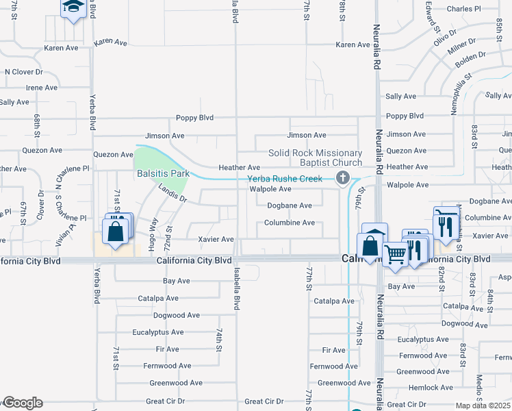 map of restaurants, bars, coffee shops, grocery stores, and more near Dogbane Avenue in California City