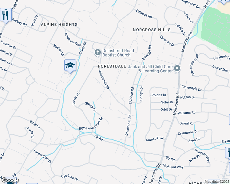 map of restaurants, bars, coffee shops, grocery stores, and more near 4600 Delashmitt Road in Chattanooga