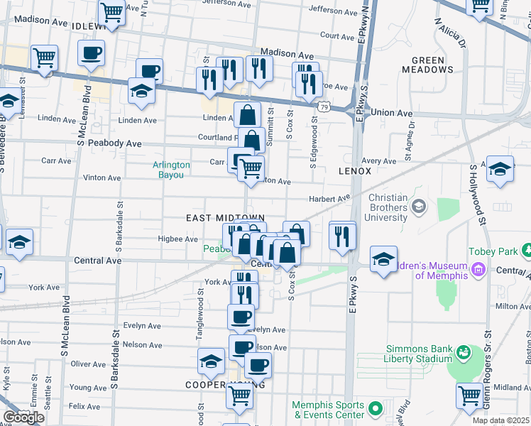 map of restaurants, bars, coffee shops, grocery stores, and more near 2174 Cowden Avenue in Memphis