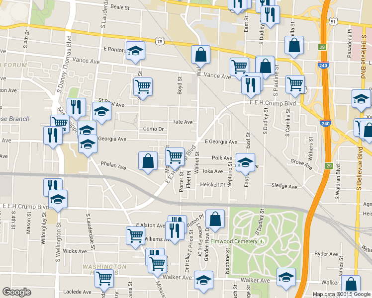 map of restaurants, bars, coffee shops, grocery stores, and more near 676 Clinton Place in Memphis