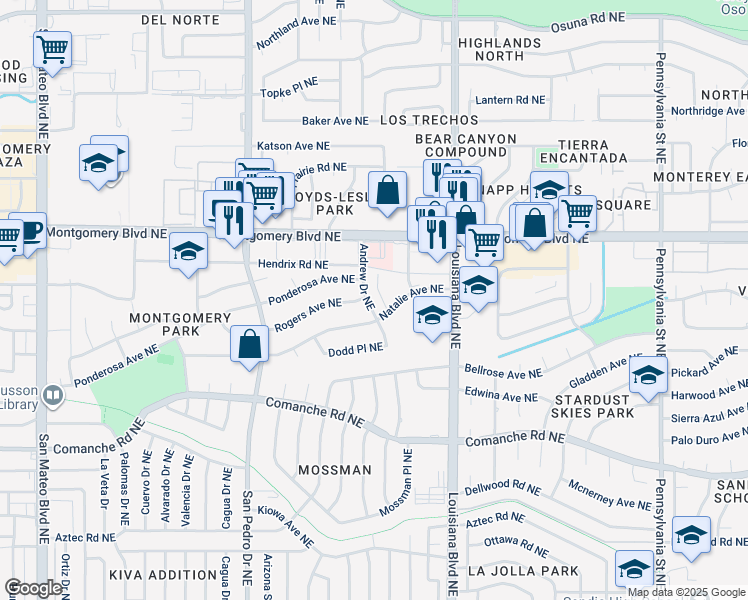 map of restaurants, bars, coffee shops, grocery stores, and more near 3808 Andrew Drive Northeast in Albuquerque