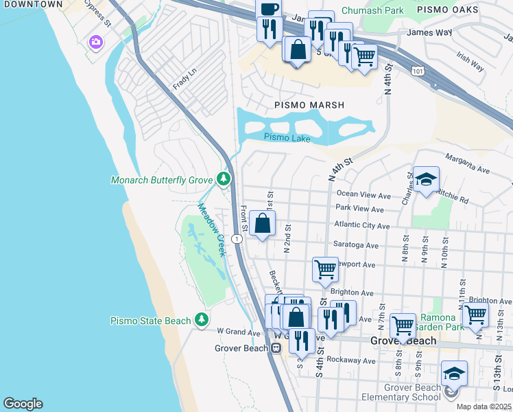 map of restaurants, bars, coffee shops, grocery stores, and more near 46 Park View Avenue in Grover Beach