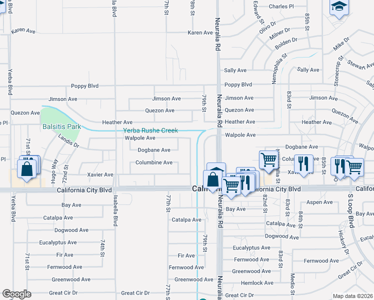 map of restaurants, bars, coffee shops, grocery stores, and more near 21201 Kenniston Street in California City
