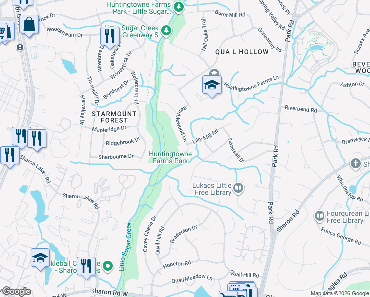 map of restaurants, bars, coffee shops, grocery stores, and more near 2225 Ramblewood Lane in Charlotte