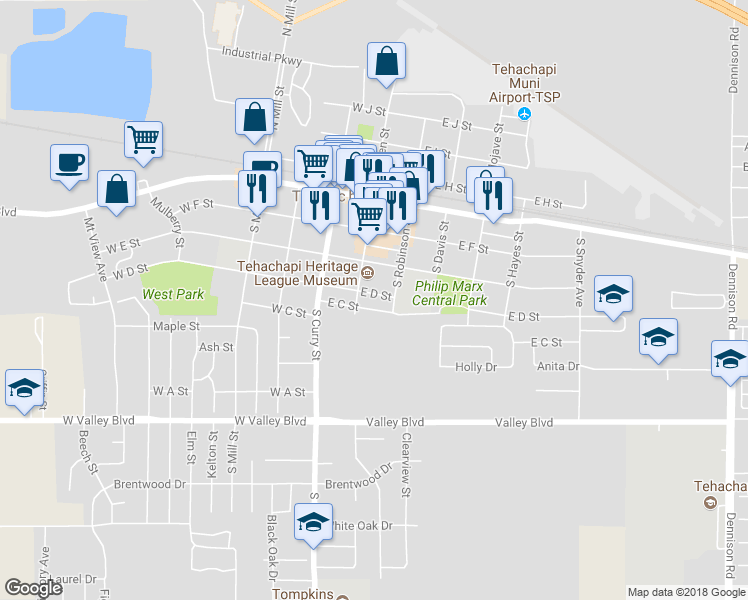 map of restaurants, bars, coffee shops, grocery stores, and more near 118 E D St in Tehachapi