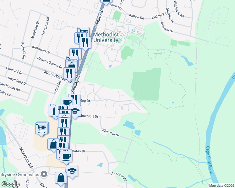 map of restaurants, bars, coffee shops, grocery stores, and more near 4872-4932 Fogarty Drive in Fayetteville