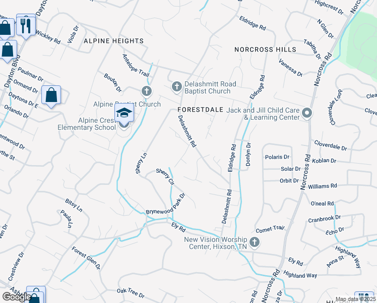 map of restaurants, bars, coffee shops, grocery stores, and more near 4648 Cary Lane in Chattanooga