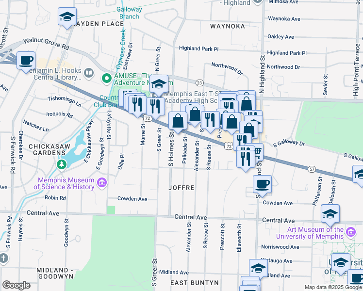 map of restaurants, bars, coffee shops, grocery stores, and more near 123 Palisade Street in Memphis