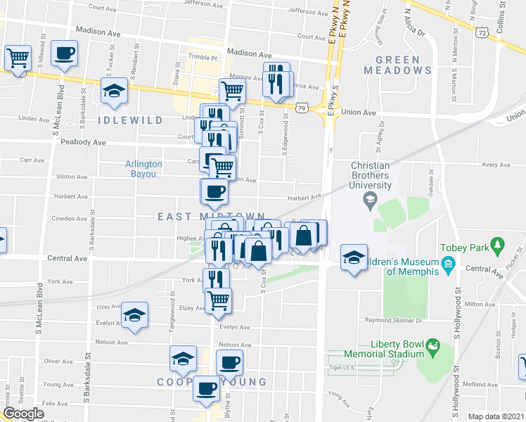 map of restaurants, bars, coffee shops, grocery stores, and more near 634 South Cox Street in Memphis