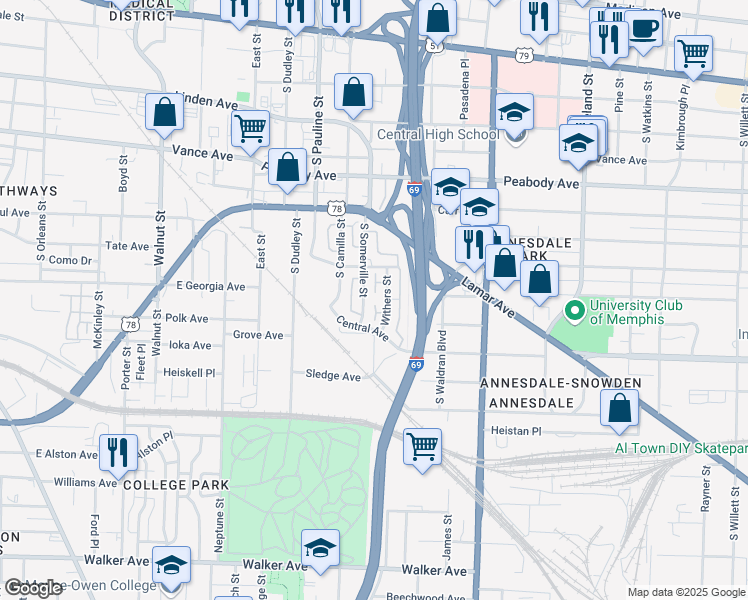 map of restaurants, bars, coffee shops, grocery stores, and more near 686 South Somerville Street in Memphis