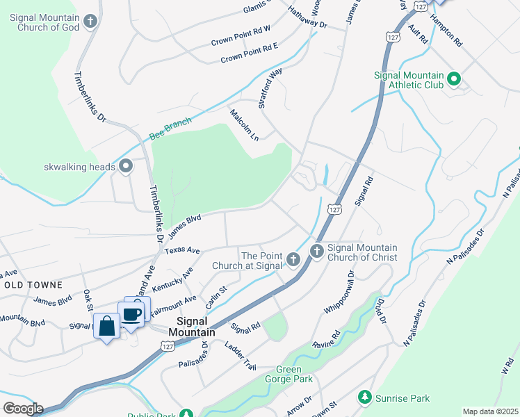 map of restaurants, bars, coffee shops, grocery stores, and more near 934 James Boulevard in Signal Mountain