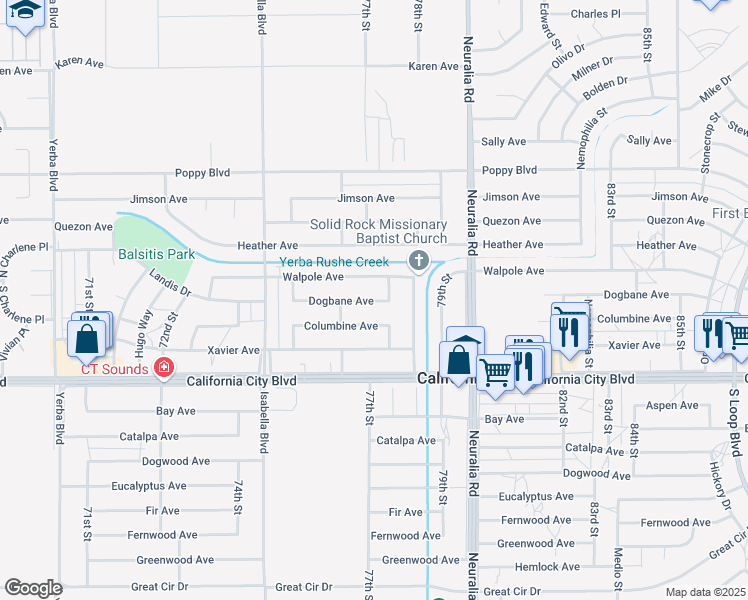 map of restaurants, bars, coffee shops, grocery stores, and more near Walpole Avenue in California City