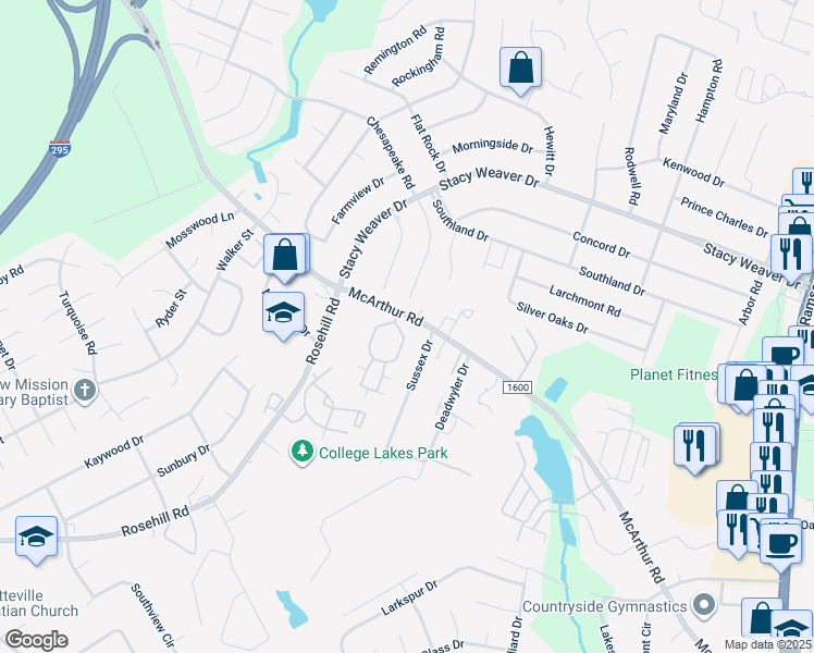 map of restaurants, bars, coffee shops, grocery stores, and more near 2650 McArthur Landing Circle in Fayetteville