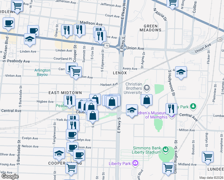 map of restaurants, bars, coffee shops, grocery stores, and more near 620 Landis Street in Memphis