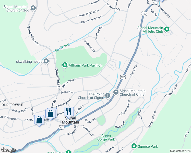 map of restaurants, bars, coffee shops, grocery stores, and more near 922 James Boulevard in Signal Mountain