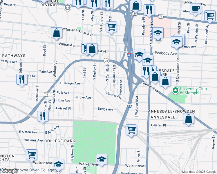 map of restaurants, bars, coffee shops, grocery stores, and more near 694 South Camilla Street in Memphis
