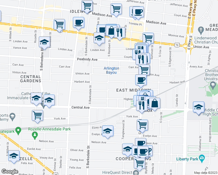 map of restaurants, bars, coffee shops, grocery stores, and more near 1992 Cowden Avenue in Memphis