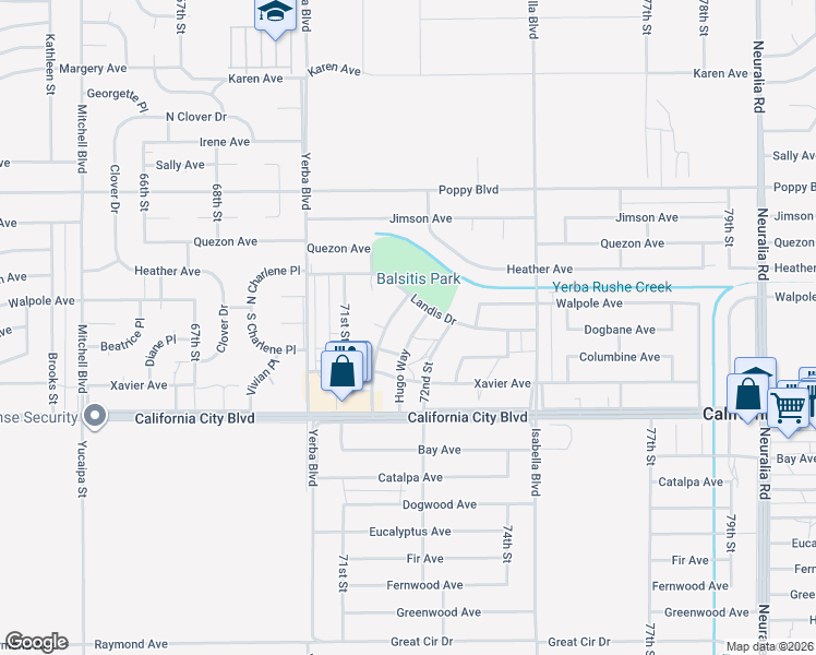 map of restaurants, bars, coffee shops, grocery stores, and more near Hugo Way in California City