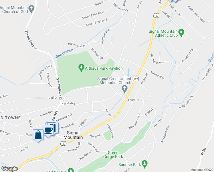 map of restaurants, bars, coffee shops, grocery stores, and more near 924 James Boulevard in Signal Mountain